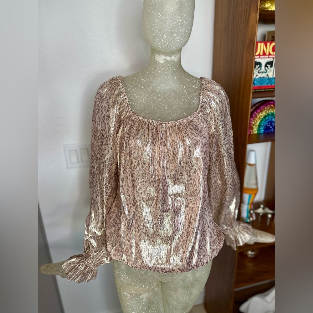 Ramy Brook New York Abby Printed Metallic Square-Neck Top. Size Small